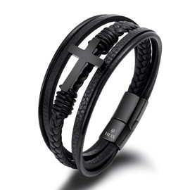 HEIX Mens Multilayer Braised black Leather Glossy Cross Bracelet Magnetic Stainless Steel Clasp Easter Christian Baptist Gift Idea for Men & Boys Jewelry (Black, 19)