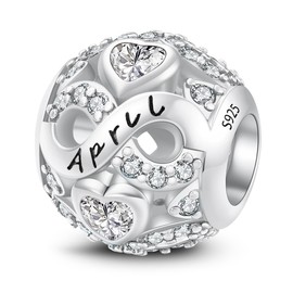 LONGLUCK Silver 925 Birthstone Charms Bead Fit European Bracelets Necklace, Charms Pendant Openwork Beads Love Heart Pendant, Birthday Gifts for Women, Sterling Silver Cubic Zirconia