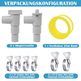 Ruikdly Absperrhahn für Pools 32mm, 2 Stück-Set mit 6 Schlauchschellen, Pool Absperrhahn-Schlauchanschluss (32mm/38mm Kompatibel), Pool Wartungszubehör für Filteranlage und Oberirdische Pools