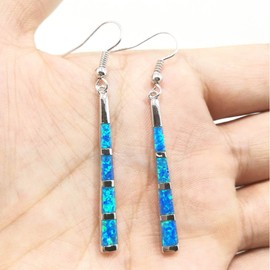 925 Sterling Silver with Simple Classic Long Stripe Blue Green Fire Opal Inlay Drop Earrings for Women and Girls