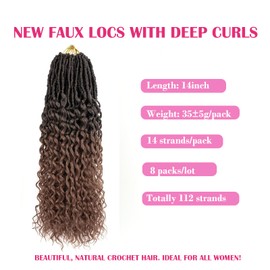 New Faux Locs Crochet Hair With Curly Ends 14 Inch 8 Packs Ombre Goddess Locs Pre Looped Crochet Braids Deep Waves Distressed Soft Locs Synthetic Hair Extensions For Black Women（14inch，1B30）