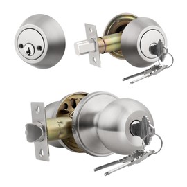 Knobonly Keyed Alike Exterior Door Knob, Round Outdoor Lock with Double Cylinder Deadbolt, Stainless Steel, Satin Nickel, 6 Pack