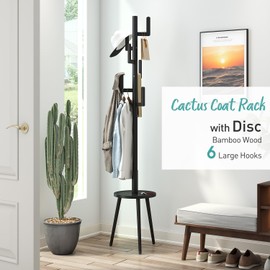 Vriccc Black Coat Rack, Bamboo Cactus Coat Tree, Adjustable Height Wooden Coat Stand with 6 Hooks, kids coat rack, Used In The Bedroom Living Room, Office To Hang Clothes, Hats, Bags