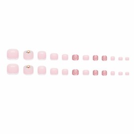 MISUD Press on Toenails Pink Glossy Fake Glue on Toenails White French Tip Acrylic Toe Fake Nails Bling Glitter Rhinestone Design Stick on False Toenails Full Cover Press-on Toe Nails for Women 24pcs