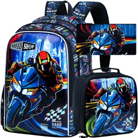 TXHVO 16" Cars Backpack for Boys, 3Pcs Kids Bookbag with Lunch Box, Motorcycle School Backpacks Set for Elementary Preschool Kindergarten(Black)