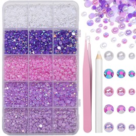 12000 Pcs Purple Flatback Pearl and Rhinestones for Crafting, Mixed Sizes 3/4/5 mm Purple Jelly Resin Rhinestone Pearls for Bedazzling, Half Pearls for Crafts DIY Mugs Makeup Crafts