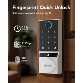 Devo G3 Fingerprint Smart Door Lock, Keyless Entry Door Lock, App Control, Smart Locks for Front Door, Smart Deadbolt Lock, Built-in Wi-Fi, Touchscreen Keypad, 8 Months Battery, IP54 Waterproof