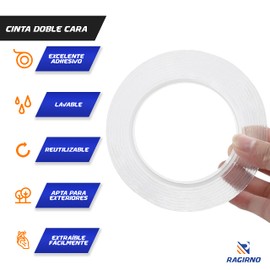 Ragirno Cinta Doble Cara Transparente de alta fijación. | 3 Metros | Nano tape multiusos reusable y lavable. Cinta Adhesiva Doble Extra Fuerte para todo tipo de superficie. Double Sided Tape