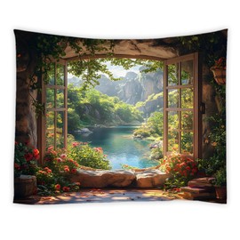 HYKHYK Nature Garden Tapestry Forest Mountain Stone Wall Flower Green Leaf Vine Rustic Farmhouse Cabin Window Scenery Wall Hanging Art Decor for Bedroom,Living Room,Dorm