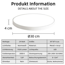 Style home 24 W LED Ceiling Light, Ultra-Slim Round Lamp for the Living Room, Bedroom, Office, Kitchen, Hallway, 30 cm Diameter, 4 cm Height, Warm White 3,000 K (White)