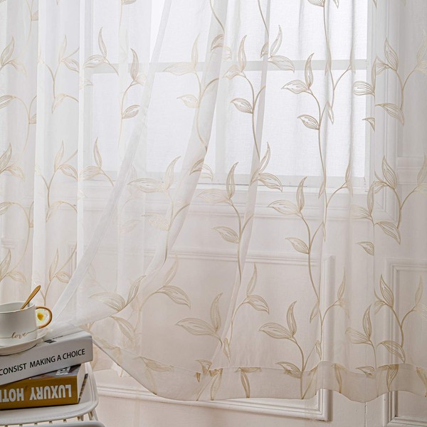 VISIONTEX Sheer Curtains 84 inch Length 2 Panels Set, White Voile Crushed Cream Vine Leaves Embroidery, Rod Pocket Embroidered Window Drapes for Living Room and Bedroom, 54" x 84"