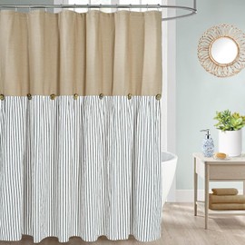 DOSLY IDÉES Farmhouse Shower Curtain,Camel and Brown Stripe,Button Curtain,Cotton Woven and Cotton Blend Fabric,Rustic Charm Country Chic Style,72x72 in