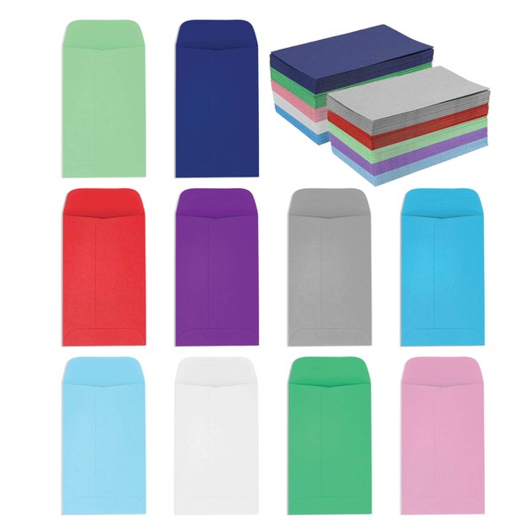 Coin and Small Parts Envelopes 2.25"x 3.5" with Gummed Flap 10 assorted colors Pack of 100 Envelopes for Home and Office Use