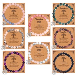 FIRAZIO 8Pcs Teacher Appreciation Bracelets Gifts for Women Men, Natural Stone Teacher Elastic Bead Bracelets Teacher Jewelry Gift (8 Pieces- C)