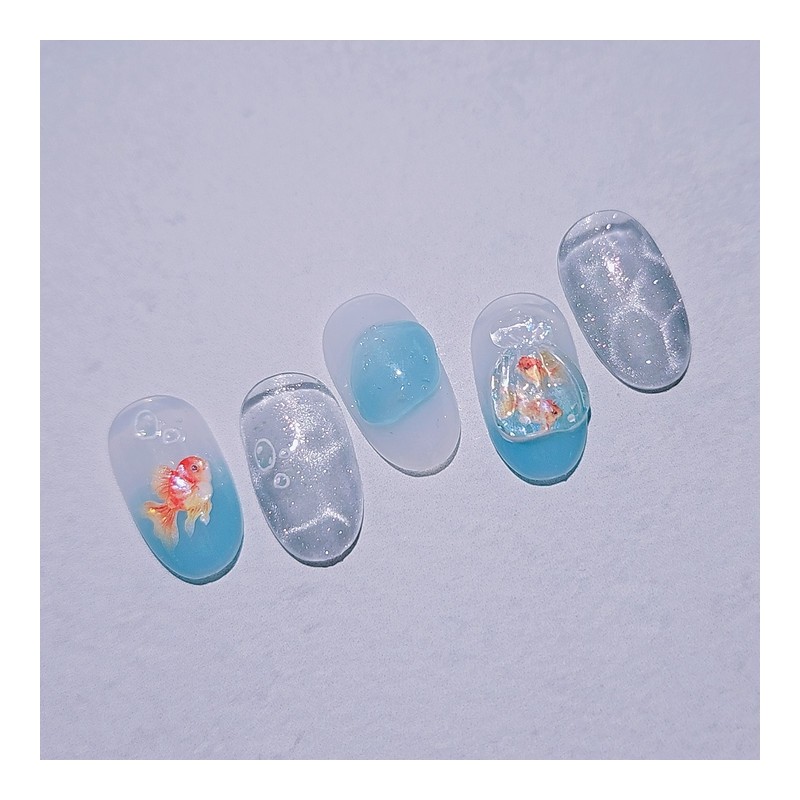 Water Meong Handmade Nail Tips Water Bag Goldfish Nail -
