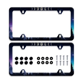 【2Pcs】 Moon License Plate Frame Starry Sky Moon Phases License Plate Stainless Steel Car Accessory Personalize License Plate Holes Screws Decorative 12.3" X 6.3" for Women Men