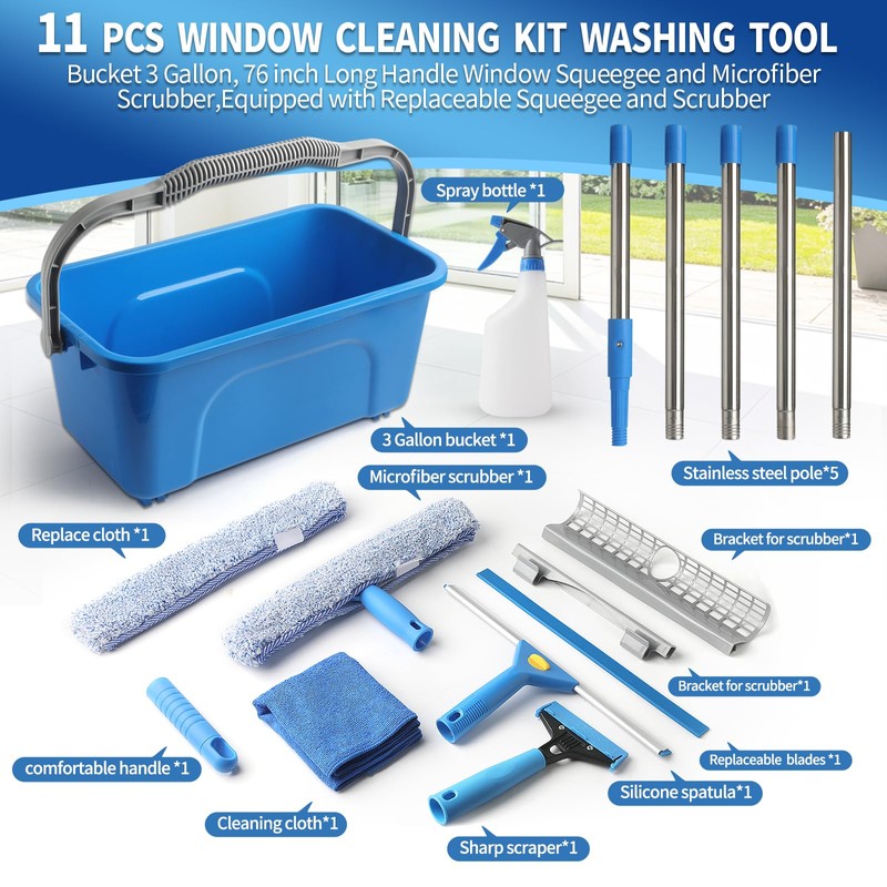 Creatyi 11PCS Window Cleaning Kit Washing Tool, Bucket 3 Gallon,