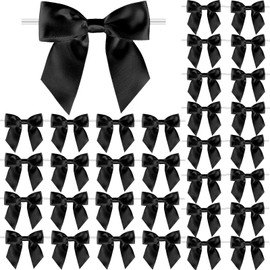Fbshicung 115 Pack Twist Tie Bows for Treat Bags 3" White Satin Ribbon Bows for Package Craft Gift Wrapping Decoration (Black)
