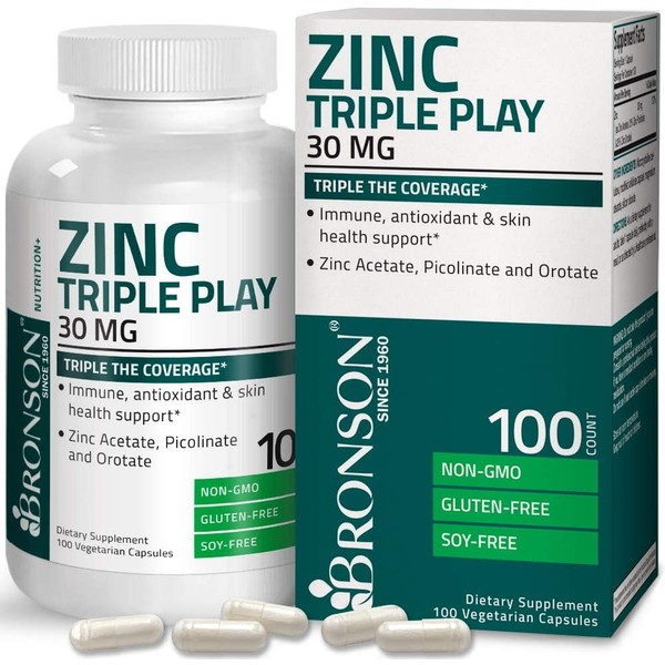 Bronson Zinc Triple Play 30 mg Triple Coverage Immune Support Zinc Supplement with Zinc Acetate, Picolinate & Orotate - Immune, Antioxidant & Skin Health Support - 100 Vegetarian Capsules