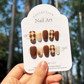 i-Laesh Press on Nails - Coffin Nails Handmade Hand-Painted - Medium Reusable Easy Application - 15 Piece Set - Warm