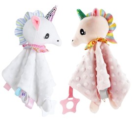 KOSMOX Manta de Apego para Bebé con Sonajas, Manta de Elefante & Conejo, Juguetes para Bebé de 0 a 6 Meses con Mordedera para Bebé Mordedor de Silicona y Etiquetas (Rosa Blanco Unicornio)