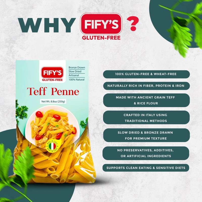 FIFY'S GLUTEN-FREE Teff Penne Pasta – All Natural, Nutrient-Rich Gluten