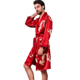 Haseil Men's Satin Robe Dragon Luxurious Silk Spa Long Sleeve House Kimono Bathrobe, Rosered, TagsizeXL=UssizeM