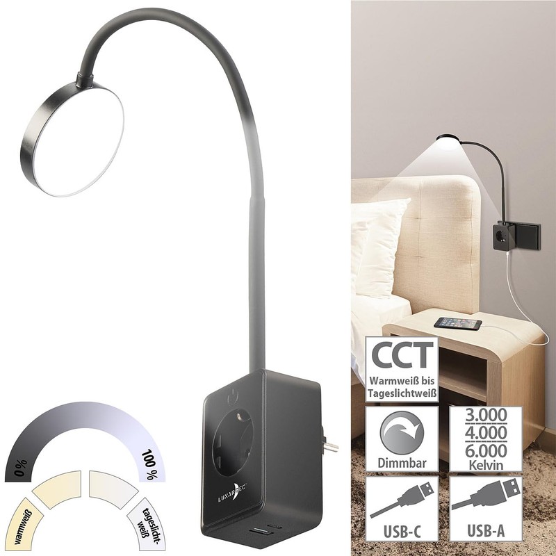Lunartec Plug Lamp: Dimmable CCT LED Plug Light with Socket,