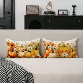 TAJWE Fall Pumpinks Pillow Covers 12x20 Set of 2 Autumn Floral Farmhouse Decoration Thanksgiving Lumbar Cushion Cases for Home Sofa Couch Decor
