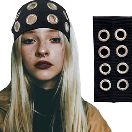SEP SHIZHI Hollow Out Eyelets Elastic Headband, Y2K Cool Girls Punk Grunge Wide Hairband, Stretchy Grommet Headband Casual Hair Accessory for Women (Black)