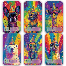 ZELAITE Pack of 12 Children's Birthday Invitation Cards for Girls and Boys, Animal Invitation Cards, 6 Animal Motifs, Birthday Invitations with 12 Envelopes (E)