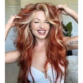 BrownBomb Ginger Skunk Stripe Wig Lace Front Wig, Ginger Brown Skunk Stripe Lace Front Wig Pre Plucked Ready to Wear, Synthetic Lace Front Wig 24inch, 13x5x1 HD lace Side Part Bombshell Wig