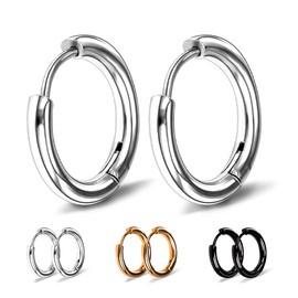 3 Pairs Stainless Steel Hoop Earrings for Men and Women - Small 8 mm in Black, Silver and Gold