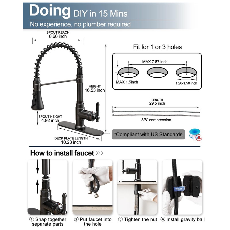 HOIGY Oil Rubbed Bronze Kitchen Faucet 3 Hole or 1