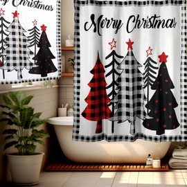 2 Pcs Christmas Shower Curtain Set 72 x 72 Inch Buffalo Plaid Xmas Tree Winter Snowflake Merry Christmas Decorative Christmas Tree Shower Curtain with Window Curtain with 12 Hooks