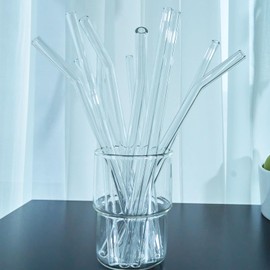 YUTRENN 12 Pcs Bent Glass Straws Reusable Glass Straws Clear, Sets of 12 Bent Straws & 2 Cleaning Brushes, 8 Inch x 0.3" Thick Glass Drinking Straw for Tumblers Gift Wrap Dishwasher Safe