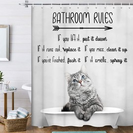 VeiVian Funny Cat Shower Curtain, Hilarious Cat Kitten Fabric Gary Grey Shower Curtain Set Motivational Inspirational Educational Bathroom Rules Shower Curtain for Kids 70X70IN