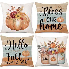 Gujiahone Fall Decorative Pillow Covers 18 x 18 Inch Set of 4 Bless Our Home Hello Fall Pumpkin Flowers Mason Jar Autumn Thanksgiving Farmhouse Decoration for Sofa Couch Living Room