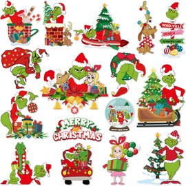 16Pcs Christmas Refrigerator Car Magnets Decoration, Grinches Reflective Merry Christmas Magnet Decals Red Green Funny Xmas Magnetic Stickers for Car Garage Door Fridge Mailbox Holiday Party Decor