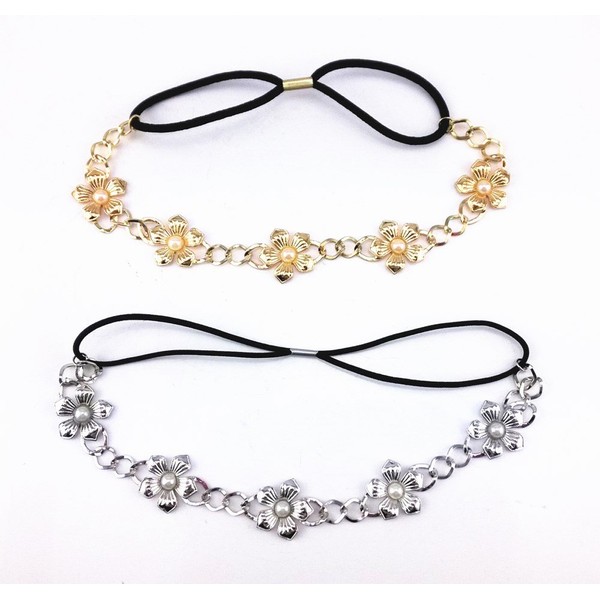 yueton 2pcs Gold and Silver Pearl Flower Elastic Headband Hair Band Women Hair Jewelry Accessories