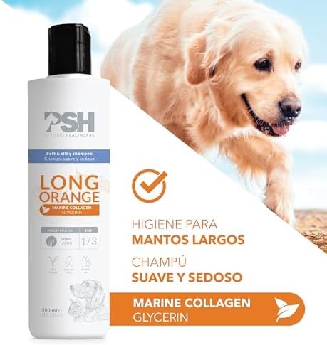 PSH Long Orange, Champú Suave con Colágeno Marino para Perros y Gatos, 300 ml, Hipoalergénico