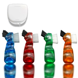 4 Pieces Mini Denture Cleaning Brush Set with Multi-Layered Bristles with Aligner Removal Tool Portable Denture Double Sided Brush for False Teeth Cleaning Easy to Carry 4 Color
