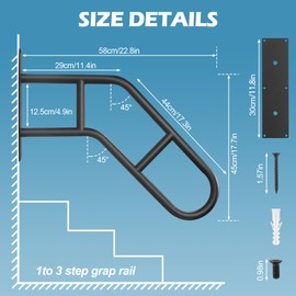 2 Pack Handrails for Outdoor Steps Stair Railing Indoor, Upgraded U-Shaped Wall Mount Stair Handrails for 1-3 Steps, 22.8in Safety Grab Bars for Elderly, Kids, Disabled, Pregnant Women Black