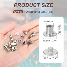 PATIKIL 8.5mm Chicago Screws Leather Rivets, 120 Set Leather Rivets Nail Stud Screws Bolt Assorted Kit for DIY Leather Craft Bookbinding Decorate Repair Belt Bag Clothing, Silver Tone