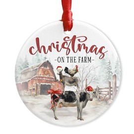 CHOANG Farmhouse Christmas Ceramic Ornaments - Holy Cow, Goat, Chicken Farmhouse Animals Decoration Hanging Tree - Merry Xmas On The Farm Ornament