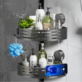 BREIS Corner Shower Caddy Suction Cup, No Drill Corner Shower Shelves, Removable Waterproof Rustproof Bathroom Corner Organizer Storage Rack, Suction Cup Shower Organizer with Hooks, Bathroom Decor