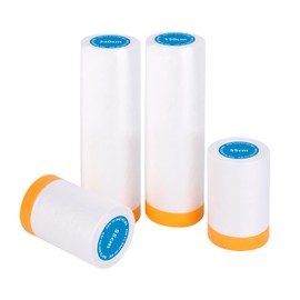 NVIYAM 4 Rollen Abdeckfolie mit Klebeband, Abdeckfolie Maler Transparent (55cm*20Mx 2 ; 150cm * 20m x 1 ; 240cm *15m x 1), Abklebeband mit Folie zum Staubschutz, Selbstklebende Malerfolie, Goldband Malerband