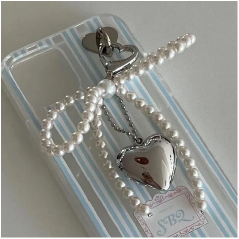88flix Keychain, Pearl Charm, Heart Charm, Pearl Ribbon, Silver, Stylish,