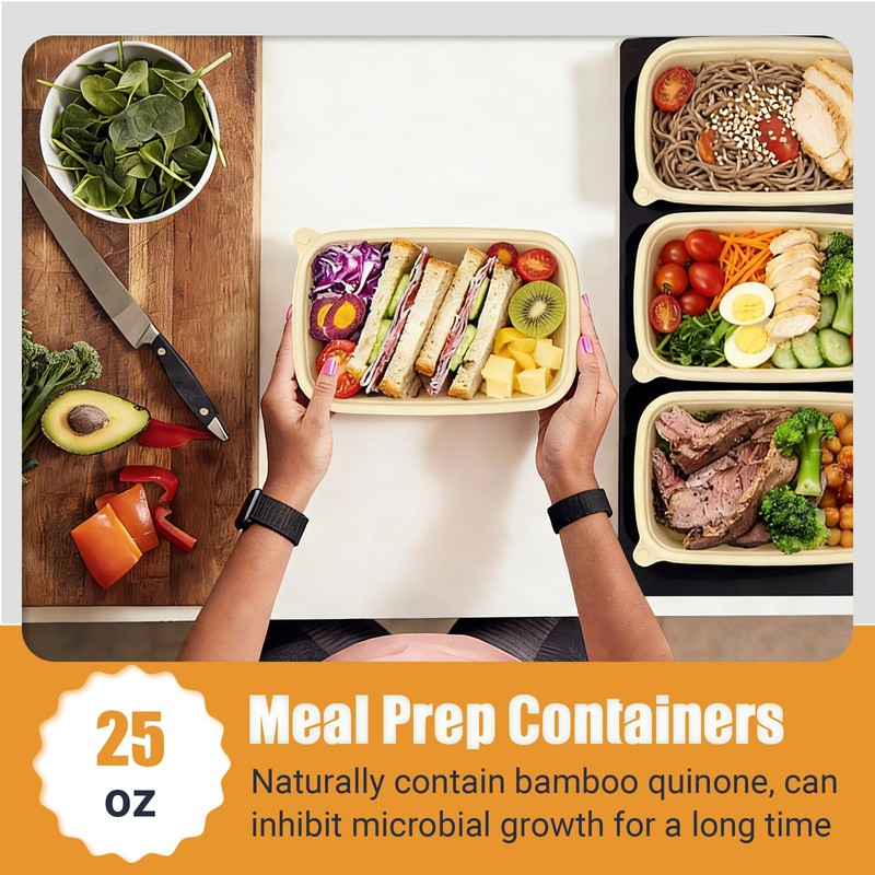 Bmboryxa 50Pack Meal Prep Containers Reusable with Lids, 25oz Bamboo-Powder