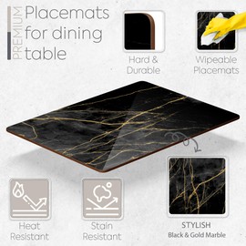 Moderry Set of 4 Heat Resistant Cork Placemats for Dining Table with Free Set of 4 Matching Drink Coasters Marble Design 16 x 12 Inches Cork Backed Hard Placemats (Black & Gold)